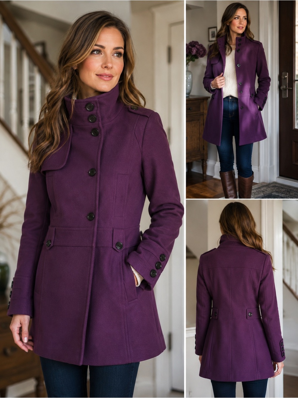 Tommy Hilfiger Pea Coat 8 Purple Plum Wool Blend Funnel Neck Preppy Military